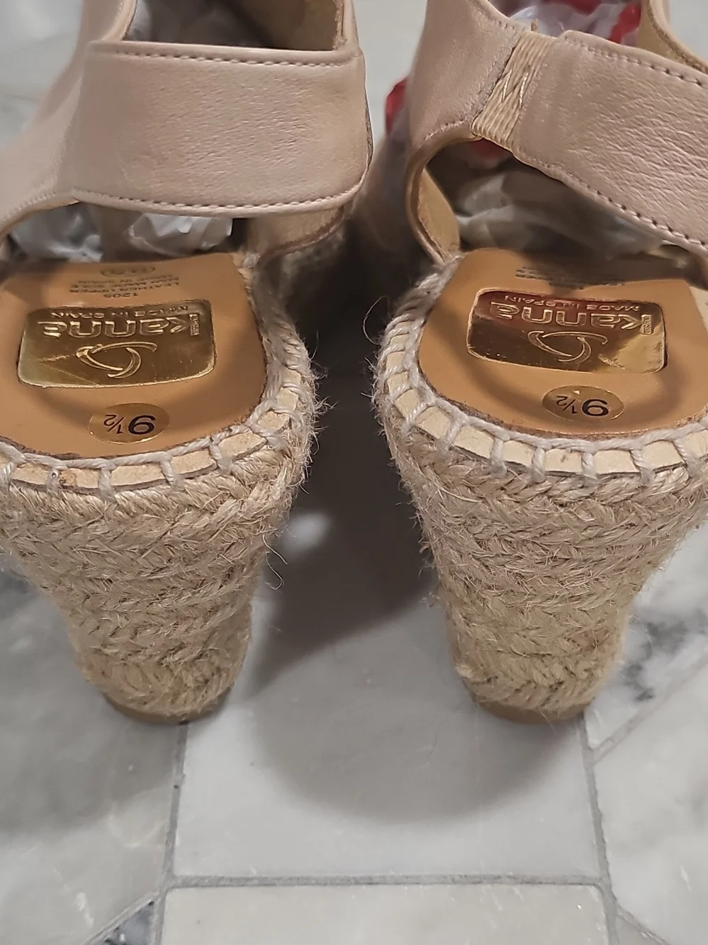 kanna Nude/Pale Pink Leather Espadrille Wedge Peep-Toe Sandals NWOT 9.5